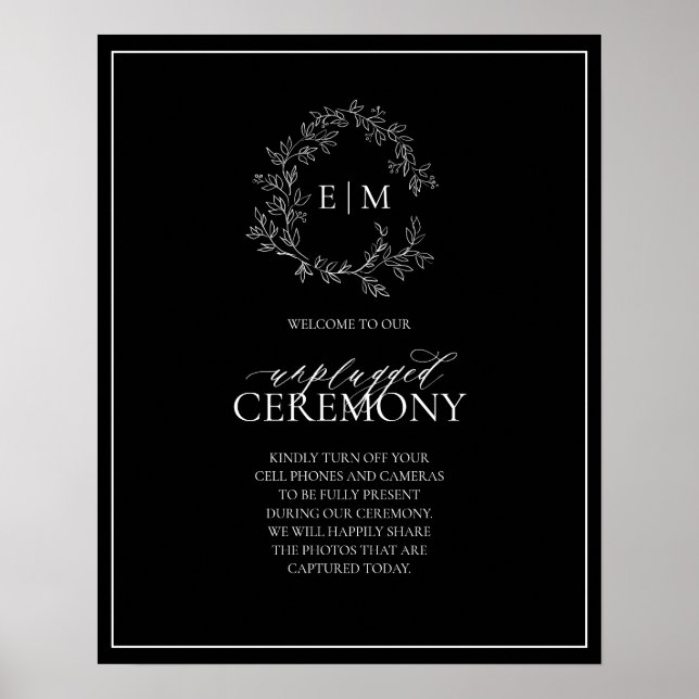 Black White Leafy Crest Monogram Unplugged Wedding Poster (Front)
