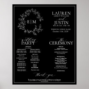 Black White Leafy Crest Monogram Wedding Program Poster