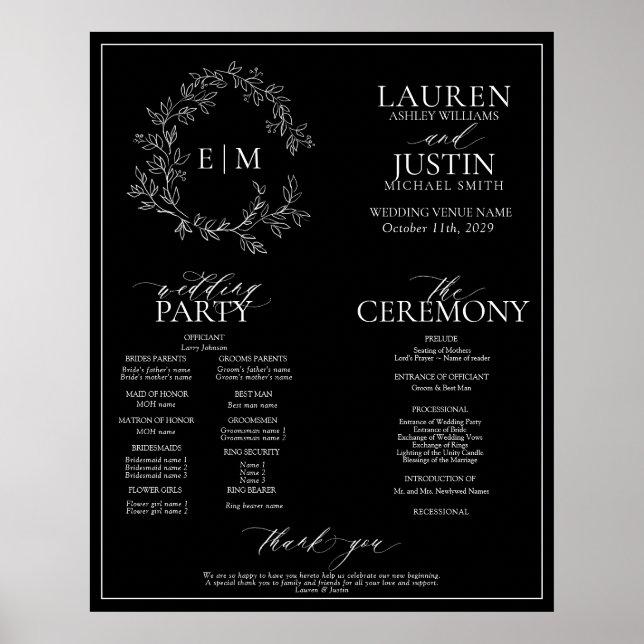 Black White Leafy Crest Monogram Wedding Program Poster (Front)