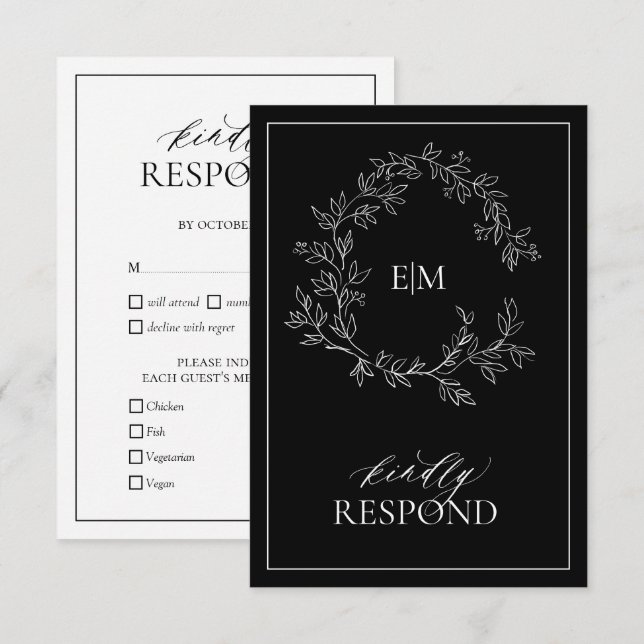 Black White Leafy Crest Monogram Wedding RSVP Card (Front/Back)