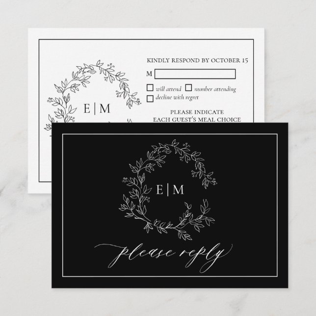 Black White Leafy Crest Monogram Wedding RSVP Card (Front/Back)
