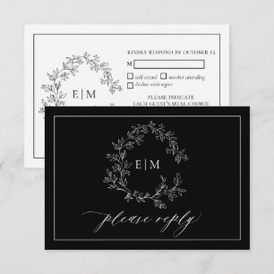 Black White Leafy Crest Monogram Wedding RSVP Card