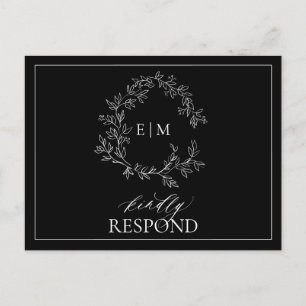 Black White Leafy Crest Monogram Wedding RSVP Invitation Postcard