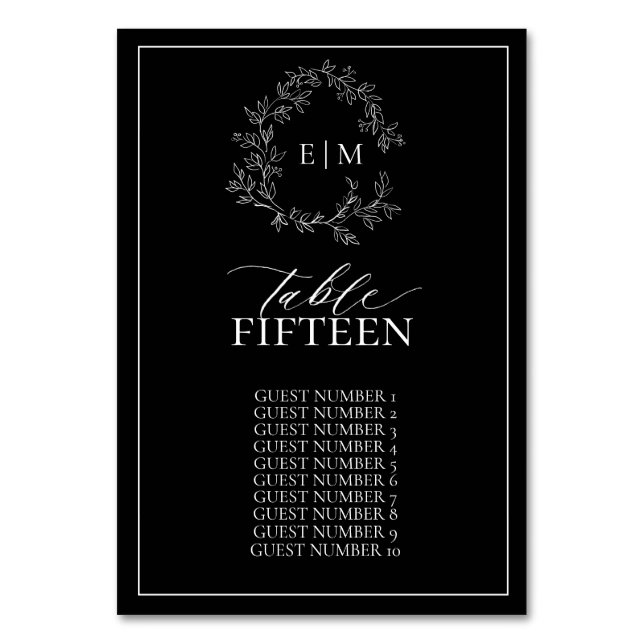 Black White Leafy Crest Monogram Wedding Table Number (Front)