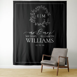 Black White Leafy Crest Monogram Wedding Tapestry