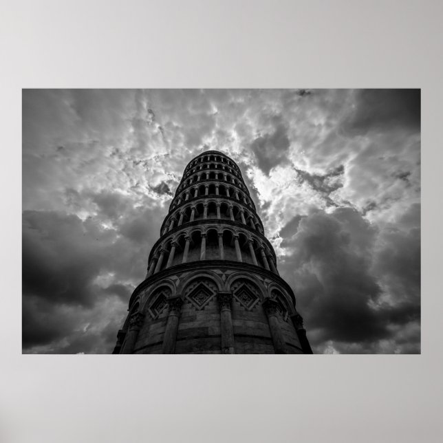 Black White Leaning Tower of Pisa European Travel Poster (Front)