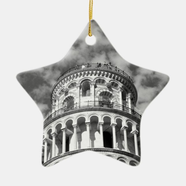 Black White Leaning Tower of Pisa Italy Ceramic Tree Decoration (Front)