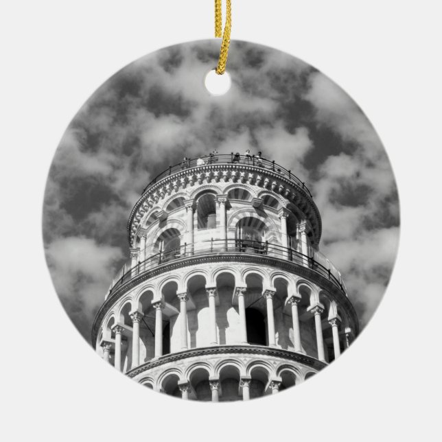Black White Leaning Tower of Pisa Italy Ceramic Tree Decoration (Front)