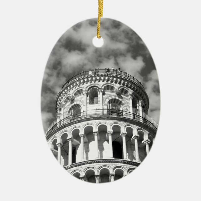 Black White Leaning Tower of Pisa Italy Ceramic Tree Decoration (Front)