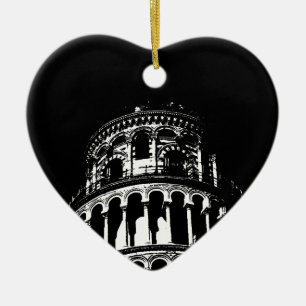 Black White Leaning Tower of Pisa Italy Ceramic Tree Decoration