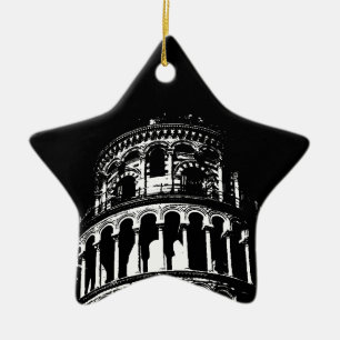 Black White Leaning Tower of Pisa Italy Ceramic Tree Decoration