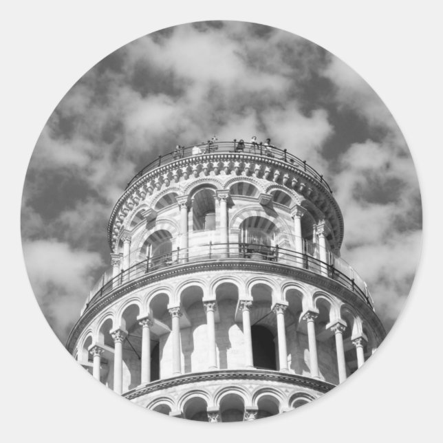Black White Leaning Tower of Pisa Italy Classic Round Sticker (Front)