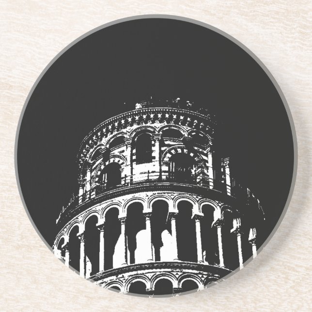 Black White Leaning Tower of Pisa Italy Coaster (Front)