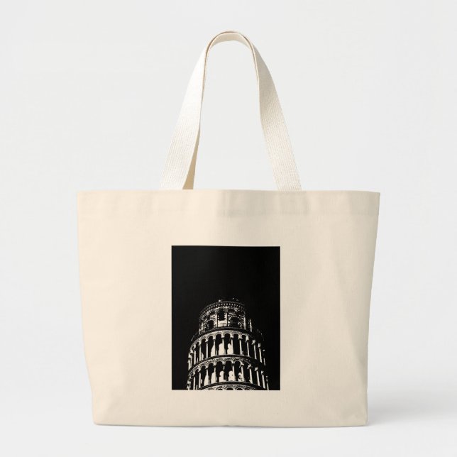 Black White Leaning Tower of Pisa Italy Large Tote Bag (Front)