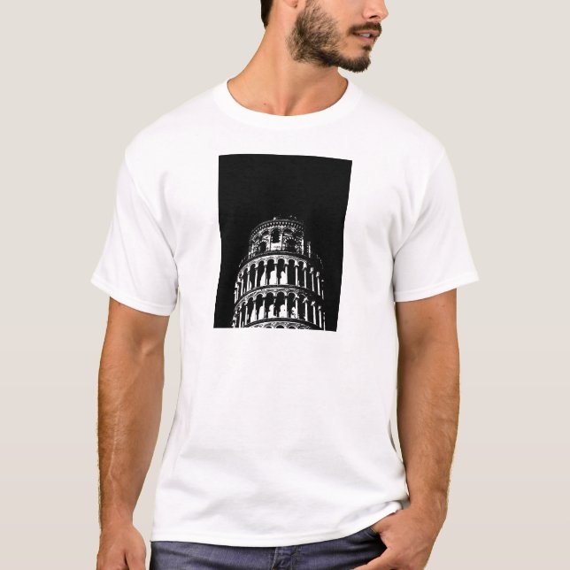 Black White Leaning Tower of Pisa Italy T-Shirt (Front)