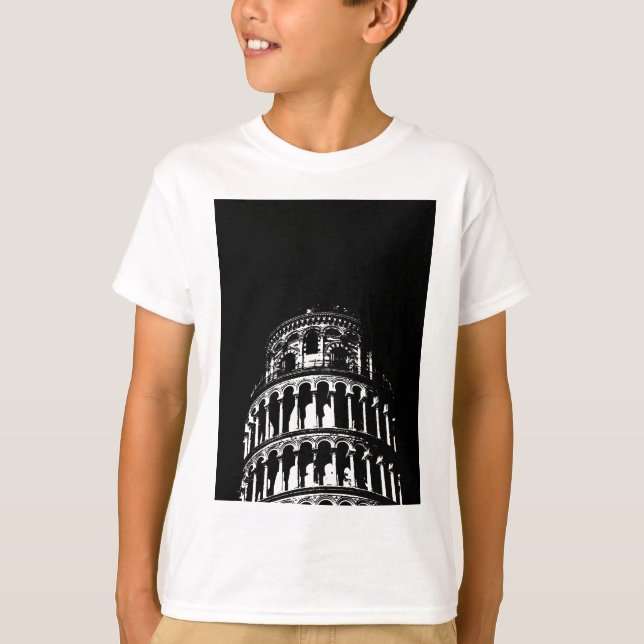 Black White Leaning Tower of Pisa Italy T-Shirt (Front)
