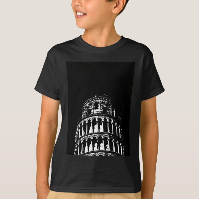 Black White Leaning Tower of Pisa Italy T-Shirt (Front)