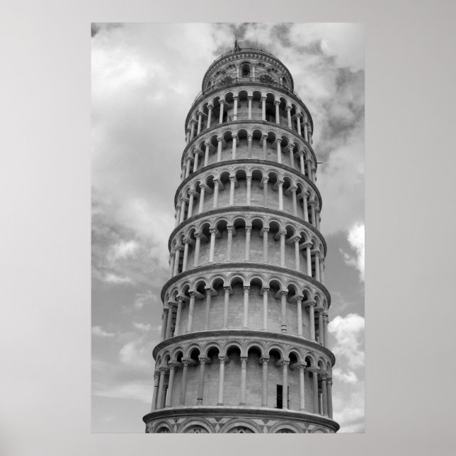 Black & White Leaning Tower of Pisa Travel Poster (Front)