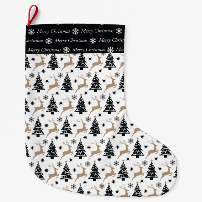 Black & White Leaping Deer Coordinate Large Christmas Stocking (Front)