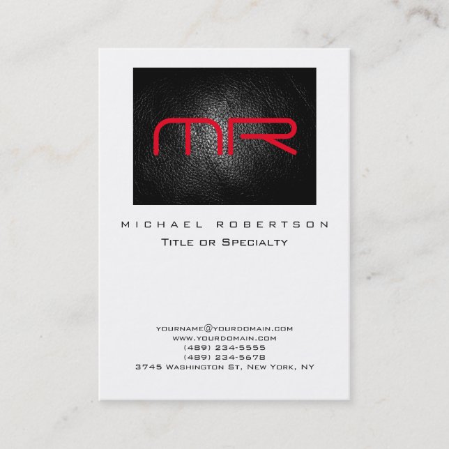 Black White Leather Effect Monogram Business Card (Front)