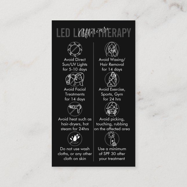 Black White Led Light Therapy Skin Aftercare Business Card (Back)