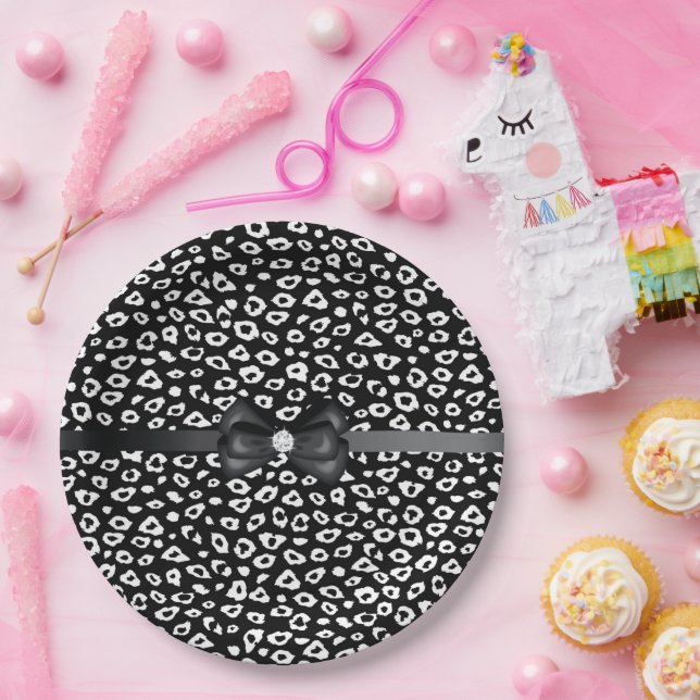 Black White Leopard Print with Bow Birthday Paper Plate (Party)