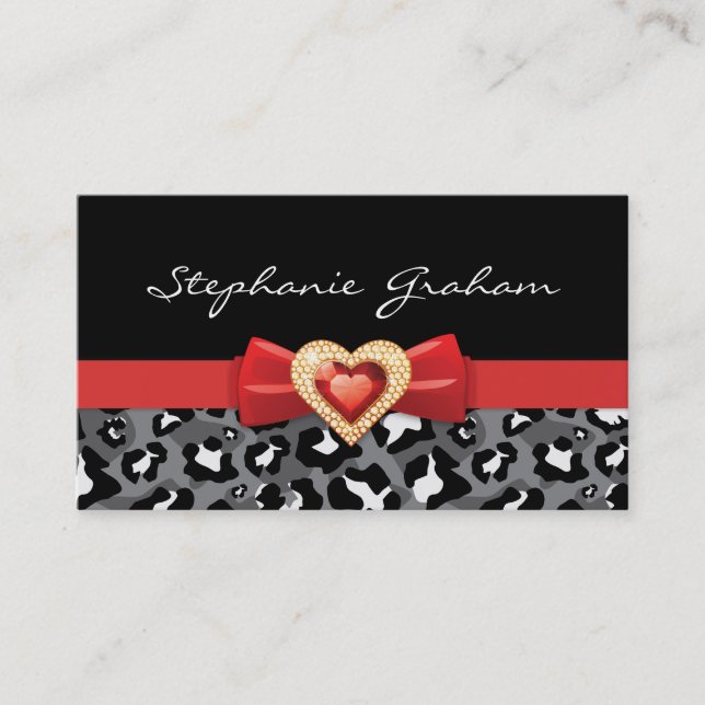 Black white leopard print with red bow & jewel business card (Front)