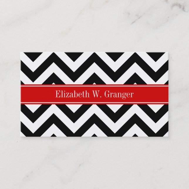 Black White LG Chevron Red Name Monogram Business Card (Front)