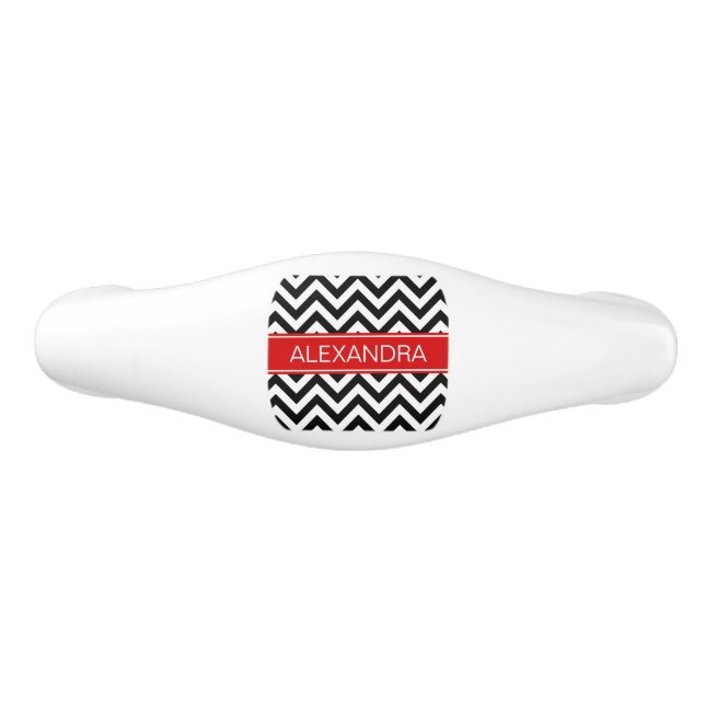 Black White LG Chevron Red Name Monogram Ceramic Drawer Pull (Front)