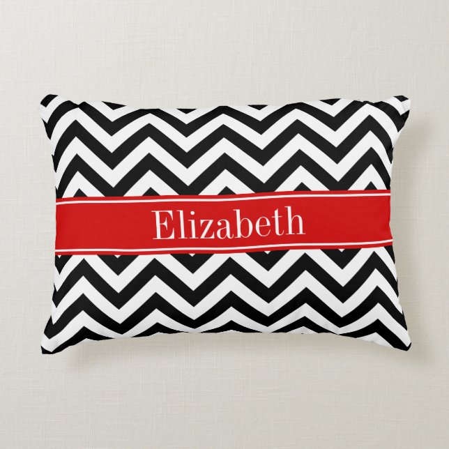 Black White LG Chevron Red Name Monogram Decorative Cushion (Front)