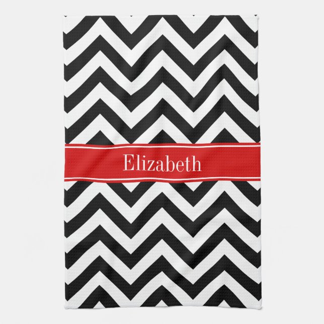 Black White LG Chevron Red Name Monogram Tea Towel (Vertical)