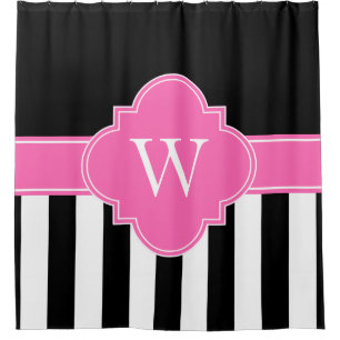 Black White LG Stripe 1ICBR Hot Pink Monogram Shower Curtain