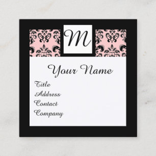 BLACK WHITE LIGHT PINK DAMASK SQUARE MONOGRAM SQUARE BUSINESS CARD