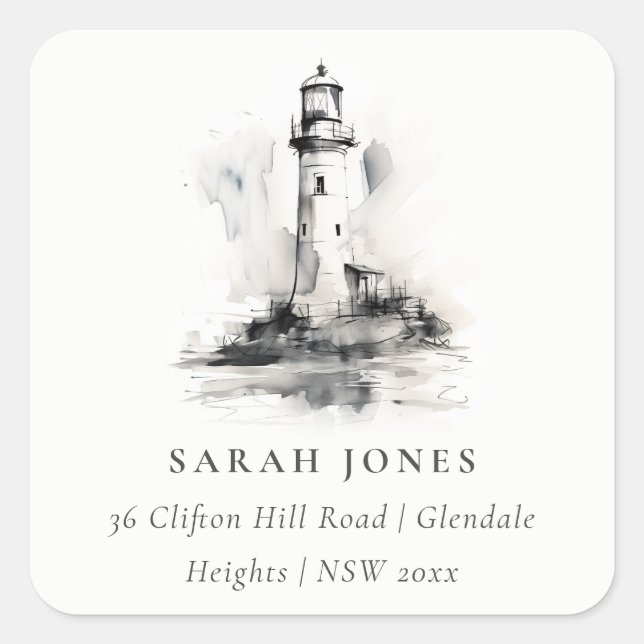 Black & White Lighthouse Nautical Sketch Address Square Sticker (Front)