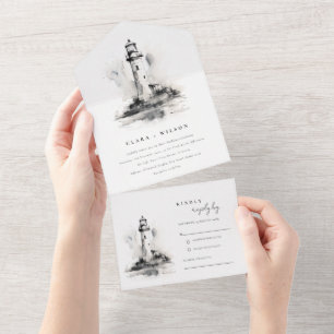 Black & White Lighthouse Nautical Sketch Wedding All In One Invitation