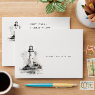 Black & White Lighthouse Nautical Sketch Wedding Envelope