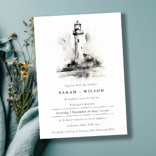 Black & White Lighthouse Nautical Sketch Wedding Invitation