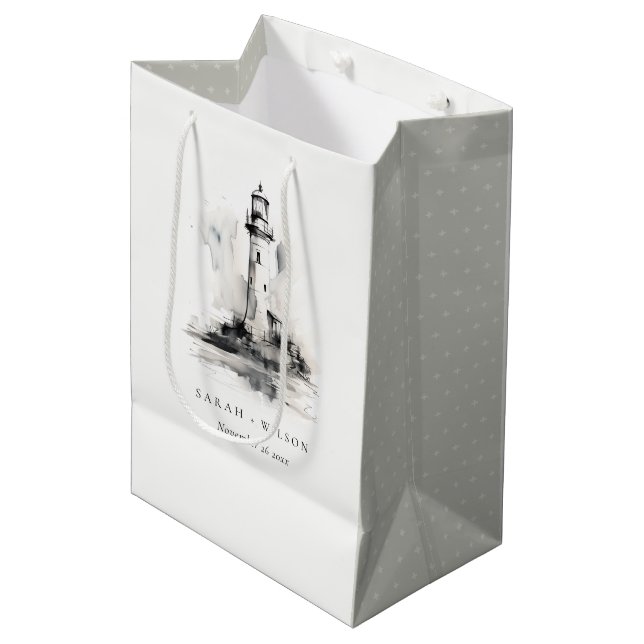 Black & White Lighthouse Nautical Sketch Wedding Medium Gift Bag (Front Angled)
