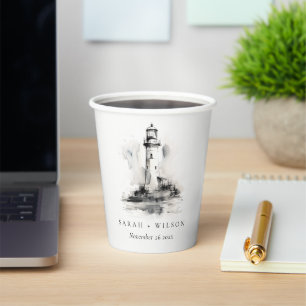 Black & White Lighthouse Nautical Sketch Wedding Paper Cups