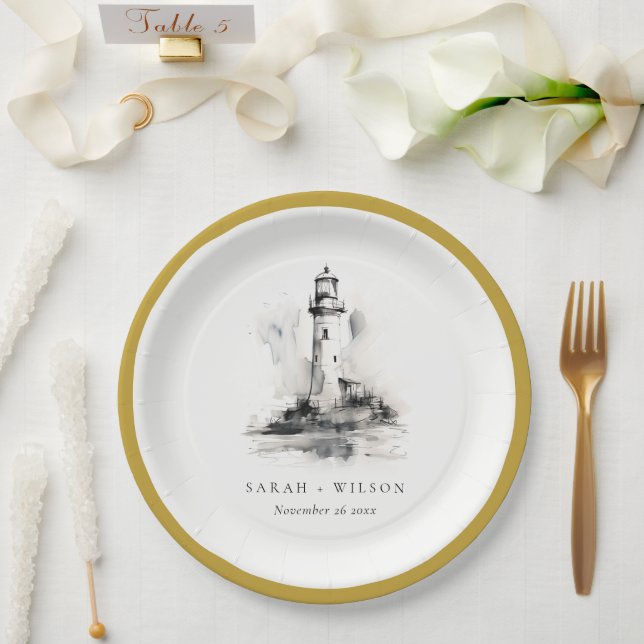 Black & White Lighthouse Nautical Sketch Wedding Paper Plate (Wedding)