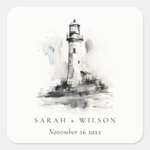 Black & White Lighthouse Nautical Sketch Wedding Square Sticker