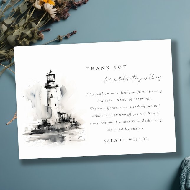 Black & White Lighthouse Nautical Sketch Wedding Thank You Card (Creator Uploaded)