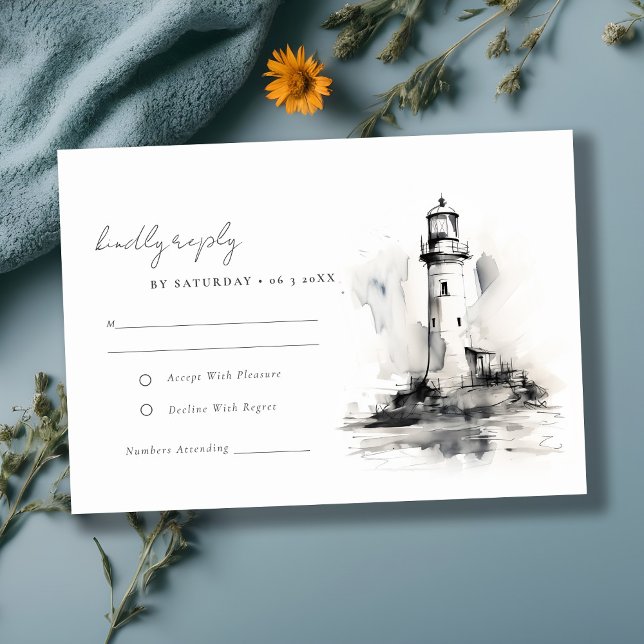 Black & White Lighthouse Nautical Wedding RSVP Card (Creator Uploaded)