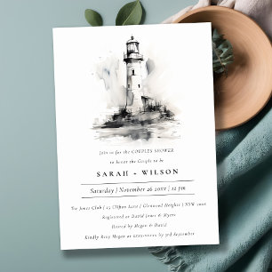 Black & White Lighthouse Sketch Couples Shower Invitation