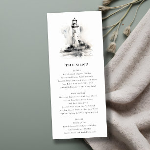 Black & White Lighthouse Sketch Wedding Menu Card