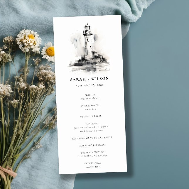 Black & White Lighthouse Sketch Wedding Program Invitation (Creator Uploaded)