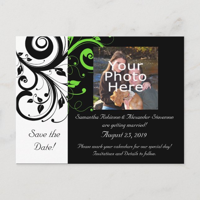 Black/White/Lime Green Bold Swirl Save the Date Announcement Postcard (Front)