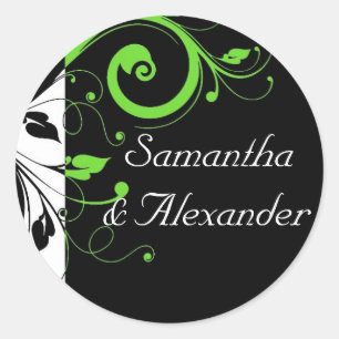 Black/White/Lime Green Bold Swirl Wedding Classic Round Sticker