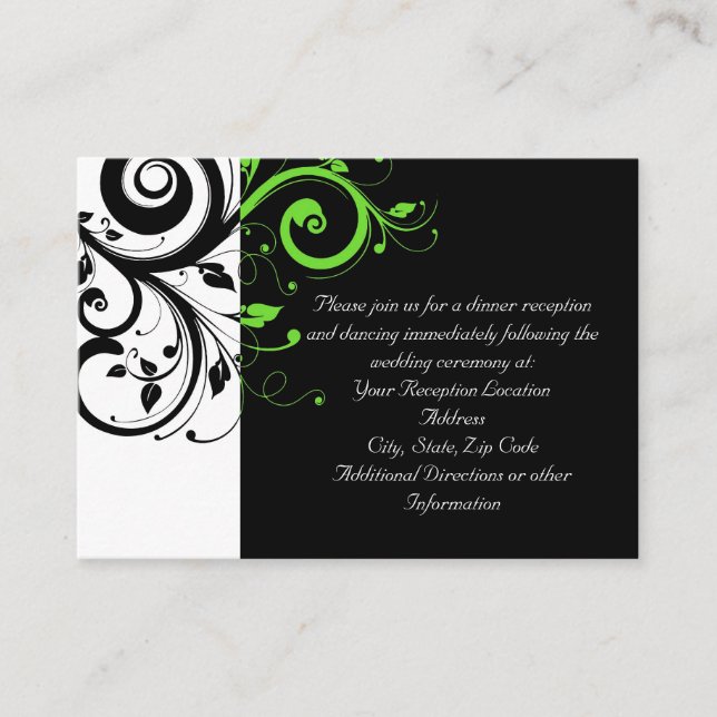 Black/White/Lime Green Swirl Wedding Insert Card (Front)