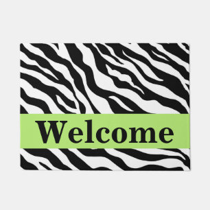 Black White Lime Green Zebra Skin Pattern Welcome Doormat